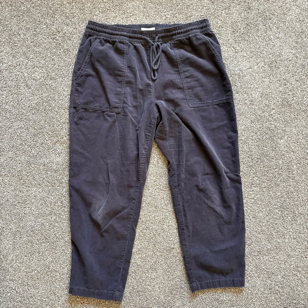 Loft Dark Gray Corduroy Wide Straight Leg Cropped Pants Drawstring Large - Picture 2 of 6